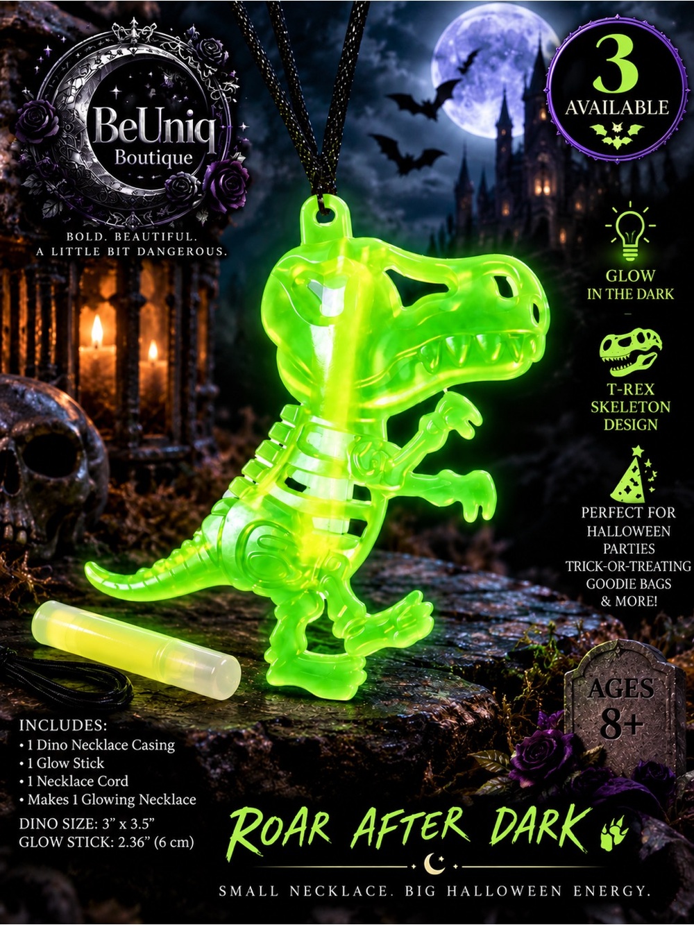 NIP Glow in the Dark T-Rex Dinosaur Skeleton Necklace Halloween Kids